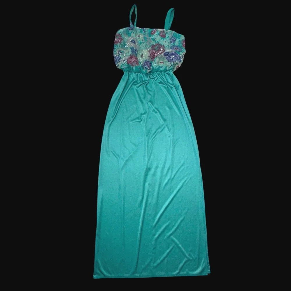 Vintage 70s Teal Floral Maxi Dress & Kimono Set ILGWU Made in USA Size 10